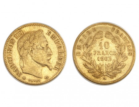 185 EUR 10 Francos 1862 A  Napoleon III  ORO 900  3,22 gr 